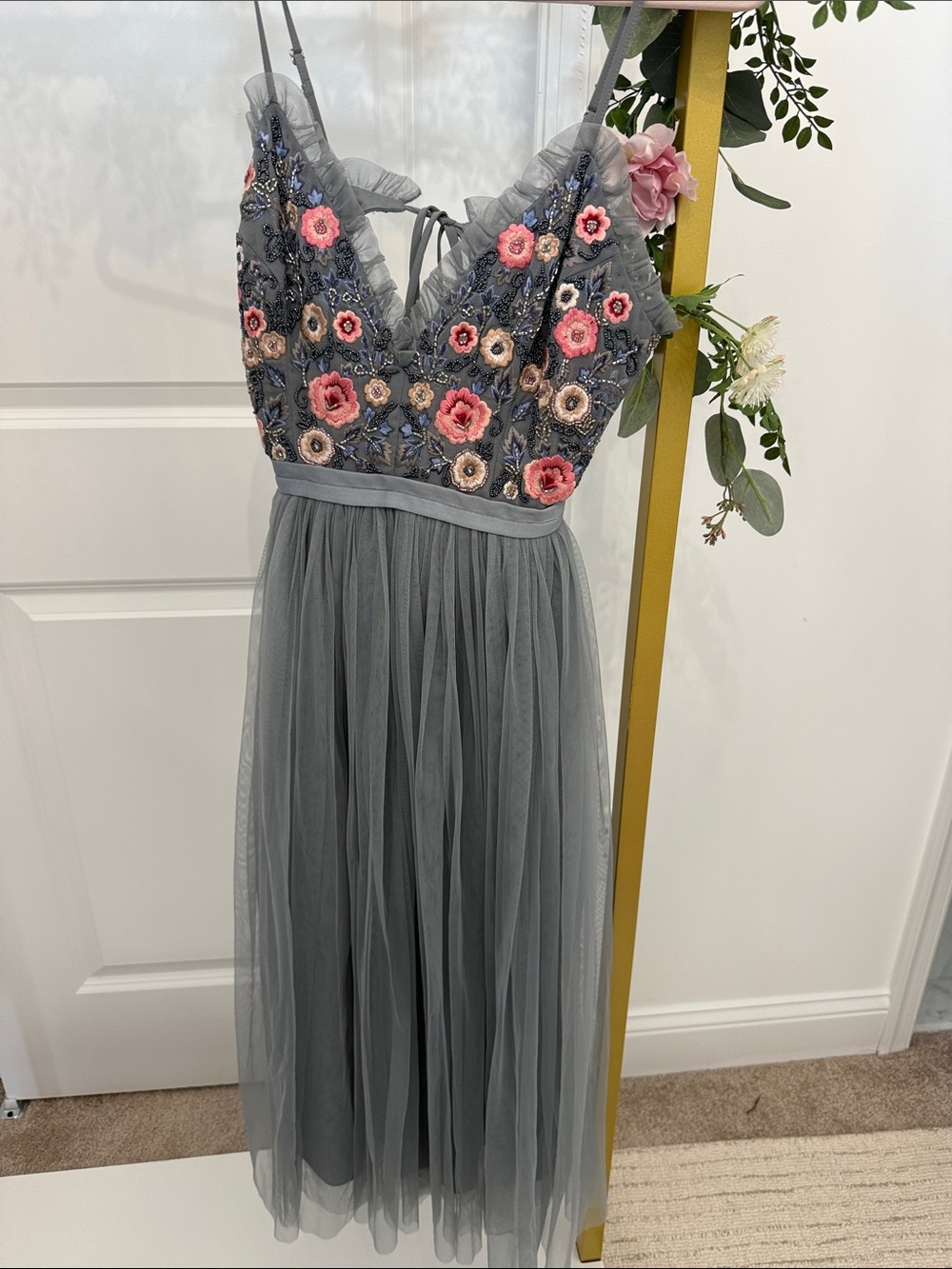 Needle & Thread Gray Tulle Dress with Pink Floral Embroidery